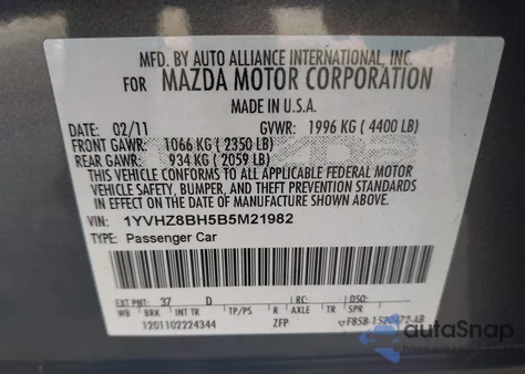 2011 Mazda Mazda6 из США, поврежденный, VIN 1YVHZ8BH585M21982